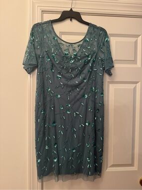 Adrianna Papell Teal Lace and Sequin Overlay Dress